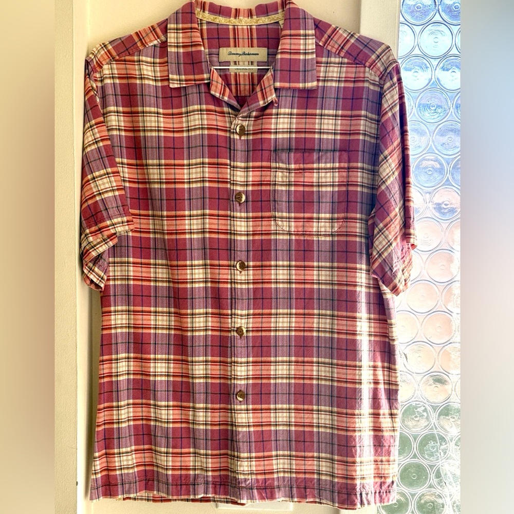 Vintage Tommy Bahama Pink and Cream Plaid Silk Button Down Shirt Size M
